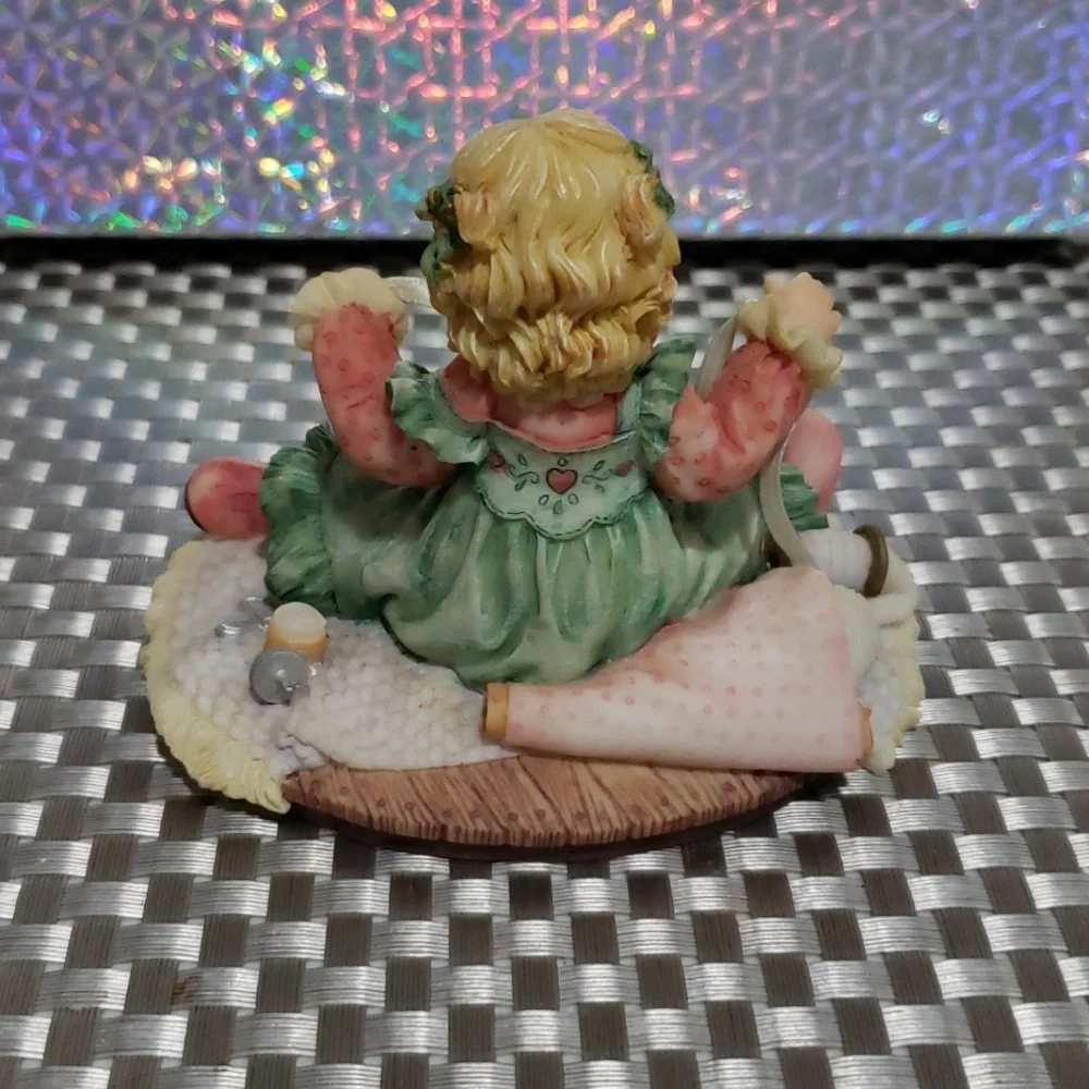 Charming Girl Figurine with Teddy Bear - Pink and Green